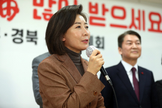 지난 1월2일 오후 국민의힘 대구시당에서 열린 2023년 국민의힘 대구·경북 신년교례회에서 나경원 저출산·고령사회위원회 부위원장(전 자유한국당 원내대표)이 당원들에게 인사하고 있다.<연합뉴스>
